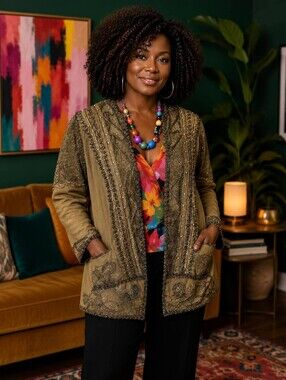 Varda Garfinkel Vintage Embellished Olive Bead-Trim Jacket